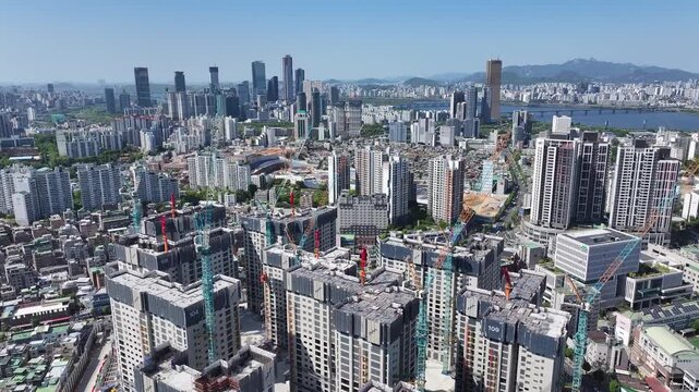South Korea Seoul Dongjak-gu Noryangjin New Town Yeouido Apartment Construction Site Drone Footage.