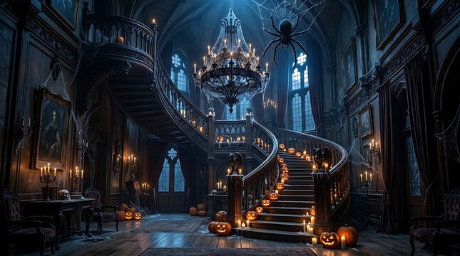 Haunted castle with glowing jack o lanterns on spooky staircase at night