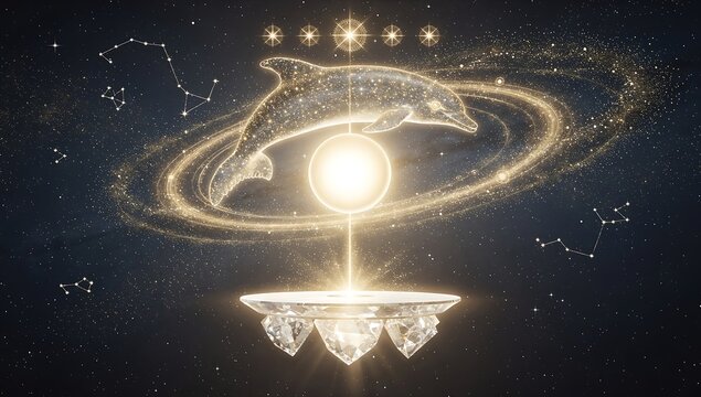 Glowing celestial dolphin swimming around sun and Saturn ring in space