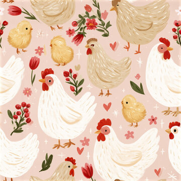 Cute farmhouse chicken seamless pattern with white hen, yellow chick, red flowers, and green leaves on soft pink background