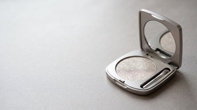 compact powder case with applicator brush on surface minimalist cosmetic mockup