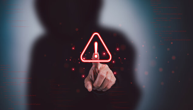 Cybersecurity warning with a digital alert symbol and business professional, representing cyber threats, online risk, data protection, privacy, vulnerability, network security, and digital safety IT!
