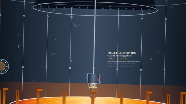 3D animation of the Czochralski process for single-crystal silicon growth, showing seed dipping, dash necking, steady-state ingot solidification, and precision diamond wire wafer slicing