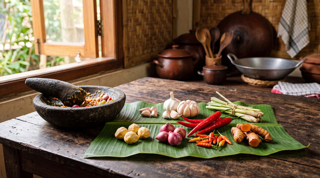 Traditional Indonesian Bumbu Ingredients on Banana Leaf