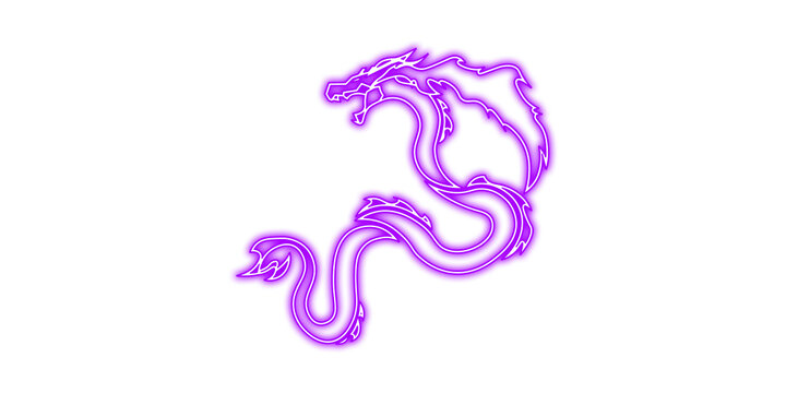 Purple neon dragon light sign, glowing violet mythical creature outline on white background, electric led dragon silhouette for gaming room decor
