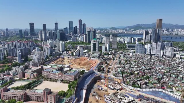 South Korea Seoul Dongjak-gu Noryangjin New Town Yeouido Apartment Construction Site Drone Footage.