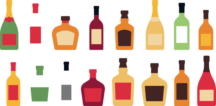 Vector set of various alcohol bottles icons including whiskey vodka rum wine tequila cognac champagne and gin isolated, (18 words)