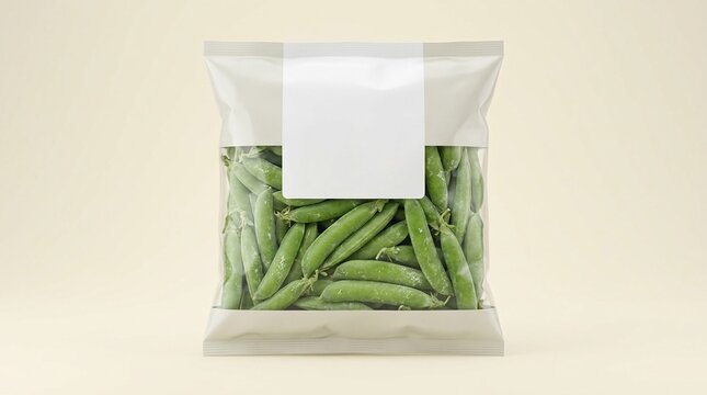 Realistic 3D Mockup of Frozen Green Peas in Plastic Packaging with Blank White Label on Plain Studio Background for Branding