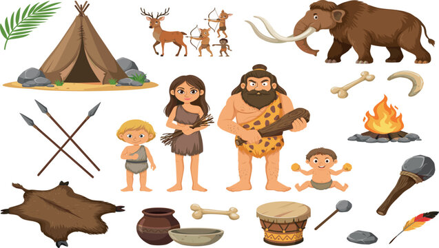 Vector set of Stone Age elements featuring cute caveman cartoon characters mammoth primitive tools weapons and tent isolated,