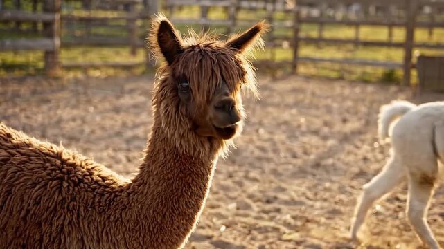 Cute Alpacas at Farm Funny Portraits and Herd Life Adorable collection of alpaca photos featuring curious close-ups, playful moments, and fluffy portraits in a sandy outdoor enclosure 