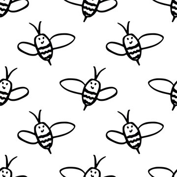 Seamless pattern with hand drawn happy funny cute honey bee Adorable flying striped insect friendly kawaii bumble bee For kids print, wrapping paper, packaging, fabric