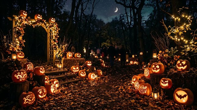 Halloween pumpkin display with carved jack o lanterns and decorative lighting at night