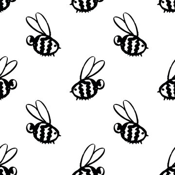 Seamless pattern with hand drawn happy funny cute honey bee Adorable flying striped insect friendly kawaii bumble bee For kids print, wrapping paper, packaging, fabric