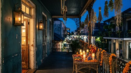 Fototapeta premium New Orleans Creole Cottage Porch with Voodoo Botanicals, Skulls, and Candlelit Altars 