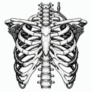 A detailed, hand-drawn illustration of a human rib cage with intricate mechanical and steampunk-inspired enhancements.