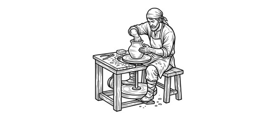 Fototapeta premium Artisan creating pottery on a wheel, hand-drawn style