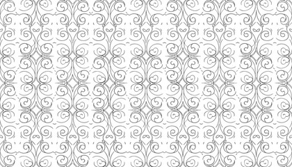 Fototapeta premium Elegant abstract black and white wireframe scroll pattern with intricate swirls and vintage ironwork style.