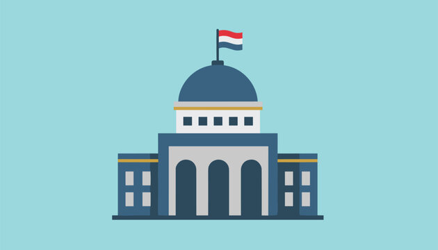 Minimalist vector illustration of national government parliament building with blue dome flying netherlands flag.