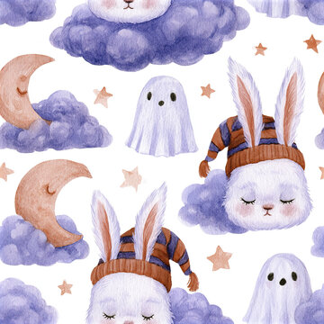 Cute sleepy rabbit faces wearing striped Halloween nightcaps with moons, stars, clouds, and ghost illustrations in soft colors