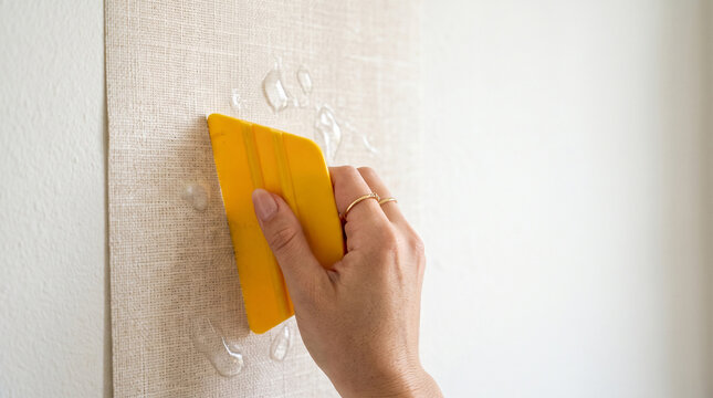 Hand smoothing textured wallpaper with a yellow squeegee during a precise home installation project