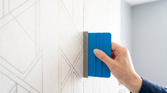Hand using smoothing tool to precisely install patterned wallpaper, ensuring perfect pattern matching