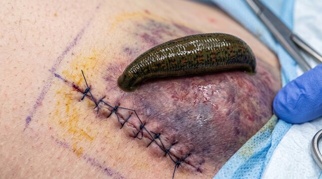 Medical Leech Therapy Applied on Patient Skin Near Surgical Sutures and Bruised Tissue