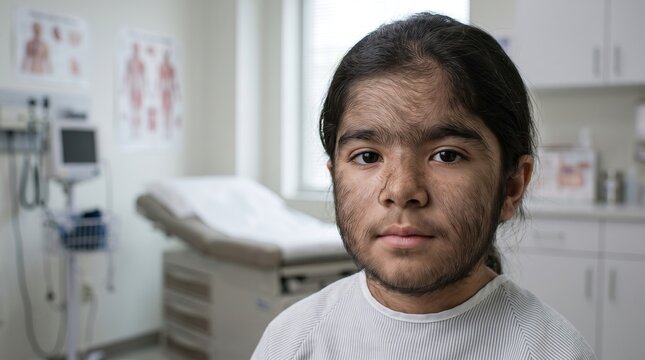 Young Child with Hypertrichosis Werewolf Syndrome Excessive Facial Hair Sitting in Medical Clinic Room