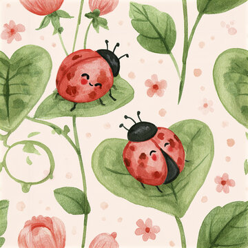 Cute ladybug watercolor pattern with smiling insects green leaves and pink flowers, creating joyful and charming nature design