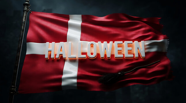 Danish flag Halloween design with glowing text and witch broom