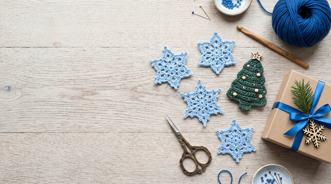 Christmas Craft Workspace with Crochet Snowflakes, Yarn and Gift Box on Wooden Background