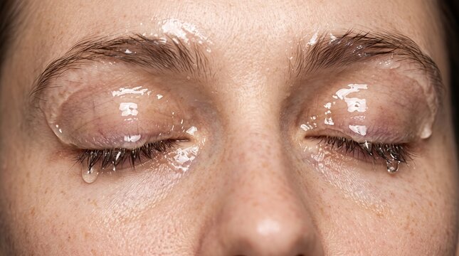 Close up of woman closed eyes covered in clear glossy hydrating gel with dripping drops