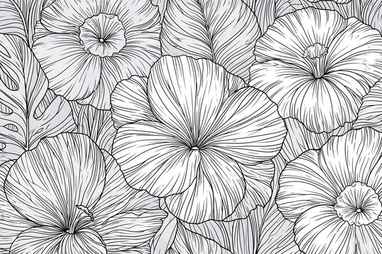 Delicate flowers bloom in intricate, hand-drawn style. Petals curve gracefully with fine, flowing lines. Leaves interlace softly behind blossoms. Ideal for coloring books or artistic backgrounds
