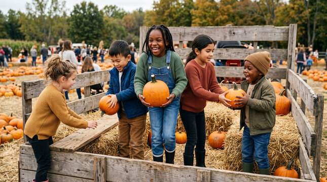 Children picking pumpkins from wooden wagon at farm, autumn harvest activity and family fall tradition