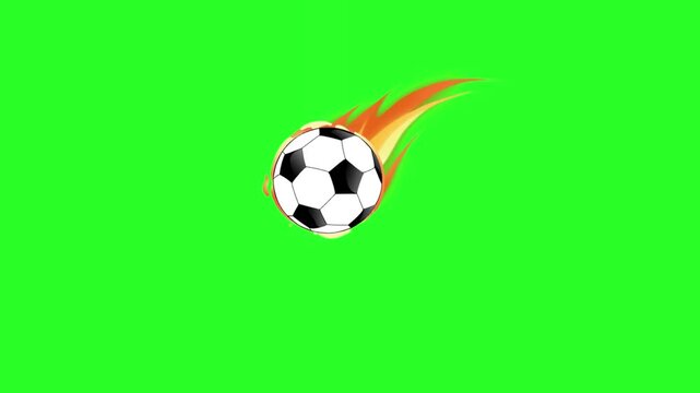 Title: Cartoon Vector Illustration of a Flying Soccer Football in Motion with Fire Flames Trail on Green Screen Chroma Key Background