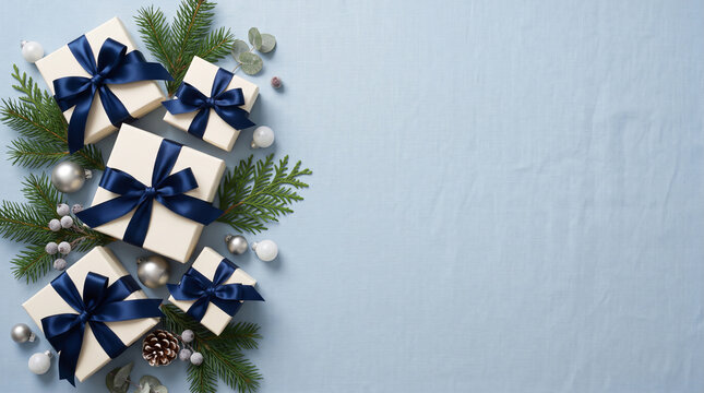 Christmas Gift Boxes with Blue Ribbons and Evergreen Branches on Light Blue Background with Copy Space