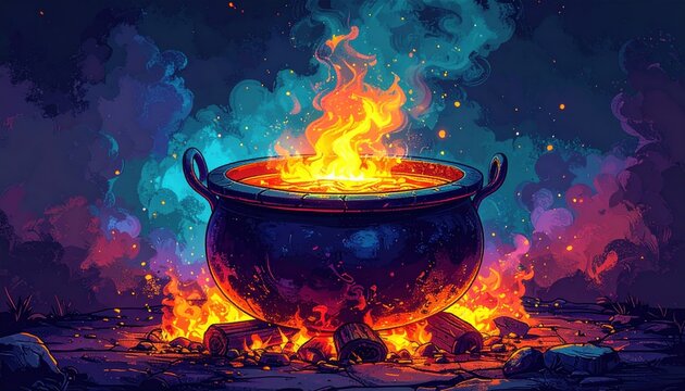A large black cauldron boils with bright flames over a wood fire, surrounded by smoke and embers in a mystical, dark setting.