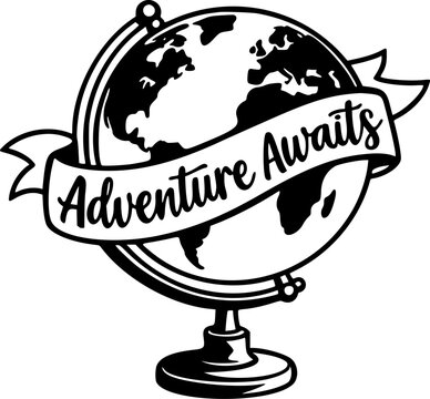 Adventure Awaits typography with globe icon