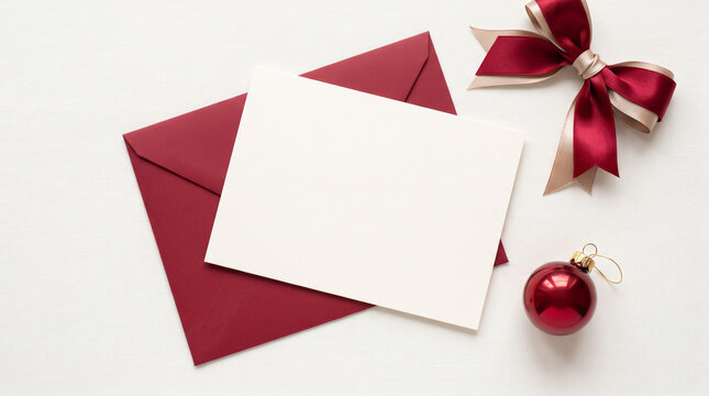 Christmas Greeting Card Mockup with Red Envelope, Blank Paper and Holiday Decorations