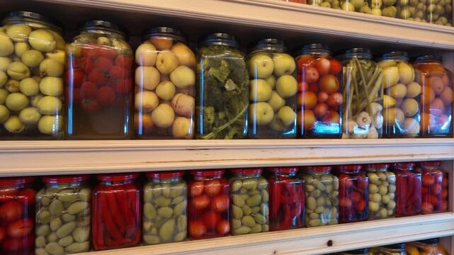 Rows of Glass Jars Filled with Pickled Vegetables and Fruits