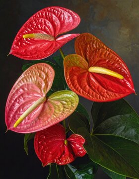 Bright red and pink anthurium flowers with glossy, heart-shaped spathes and yellow spadices, set against dark green leaves and a muted background.