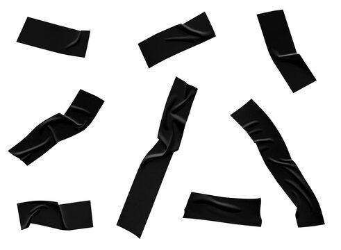 Set of Wrinkled Black Duct Tape Strips Isolated on Transparent Background