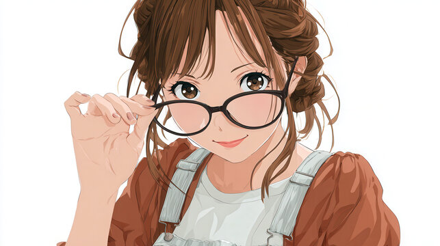 Anime girl with brown hair wearing overalls adjusts her glasses against a transparent background.