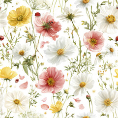 Fototapeta premium Delightful countryside garden seamless pattern with abundant white, pink, and yellow flowers and ladybugs creating fresh