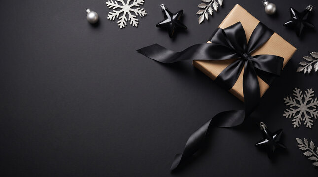 Luxury Christmas Gift Box with Black Ribbon and Snowflake Decorations on Dark Background with Copy Space