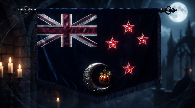 New Zealand flag Halloween velvet banner with moon and pumpkin