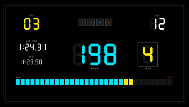 Retro Seven Segment LED Racing Dashboard Vector - Digital Speed, Gear, Lap Time, Position and Lap Counter Displays, Block RPM Bar and Warning Lamps, Cyan Yellow Digits on Black