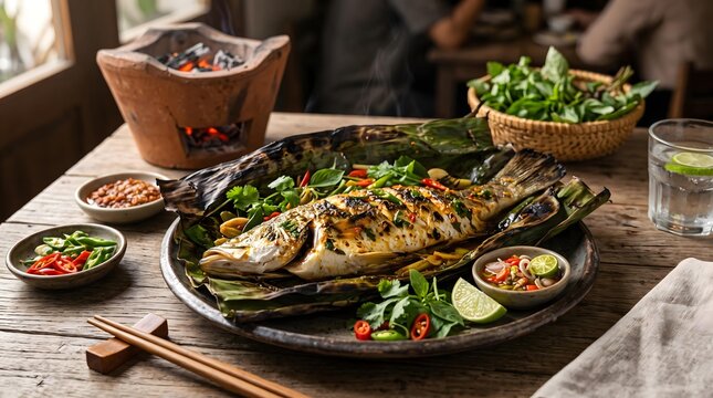 Authentic Thai Grilled and Fried Cuisine Grilled Fish with Herbs and Spices in Rustic Setting Thai BBQ Night Market Feast Crispy Thai Street Food Culture 