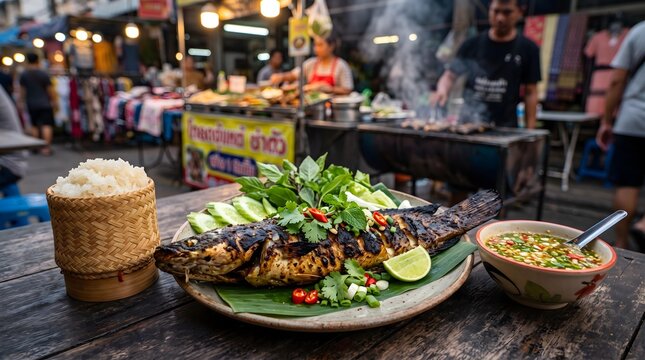 Authentic Thai Grilled and Fried Cuisine Grilled Fish with Herbs at Vibrant Thai Street Market Thai BBQ Night Market Feast Crispy Thai Street Food Culture 