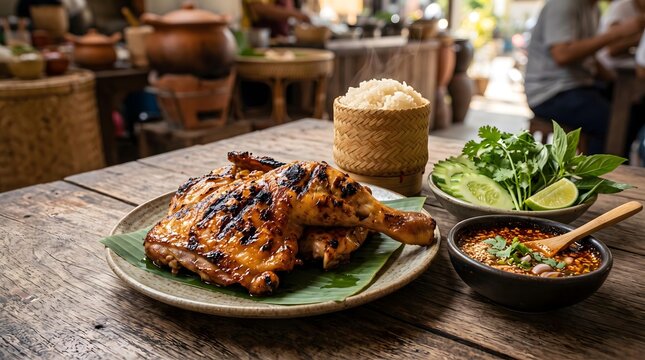Authentic Thai Grilled and Fried Cuisine Authentic Thai Grilled Chicken with Sticky Rice Thai BBQ Night Market Feast Crispy Thai Street Food Culture 
