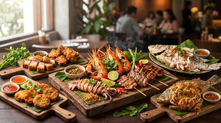 Obraz premium Authentic Thai Grilled and Fried Cuisine Authentic Thai Seafood and Meat Platter in Restaurant Setting Thai BBQ Night Market Feast Crispy Thai Street Food Culture 